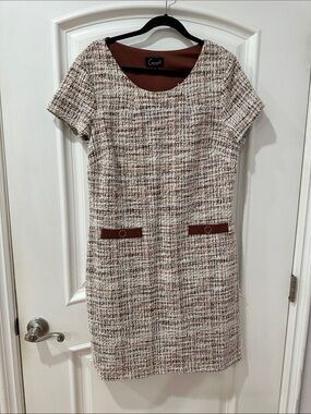 Connected APPAREL TEXTURED Tweed Shift Dress with Brown Trim